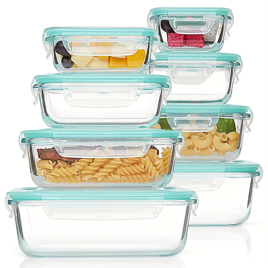 Stack of 8 glass food storage containers in various sizes with green lids