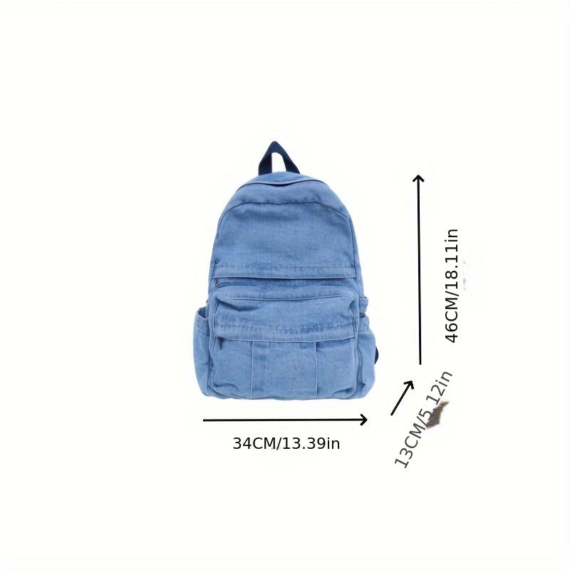 Back view of the trendy unisex denim school bag displaying adjustable shoulder straps