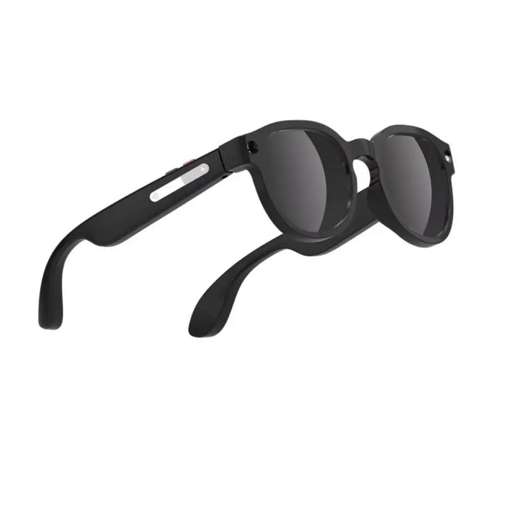 Angle view of the black smart camera glasses showing the sleek frame and side-mounted control button.