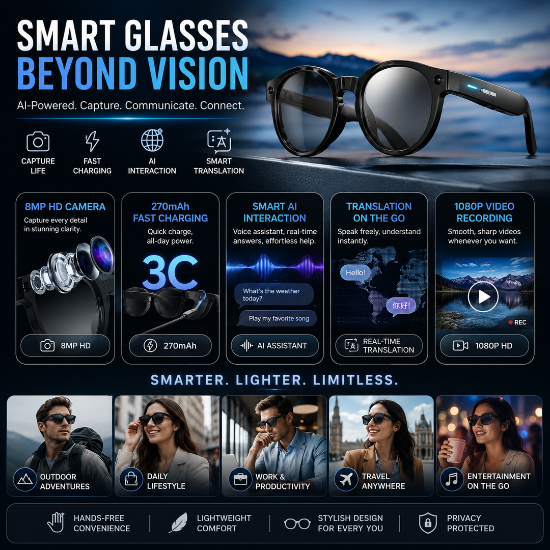 Close-up of smart eyewear lens and discreet built-in camera recorder