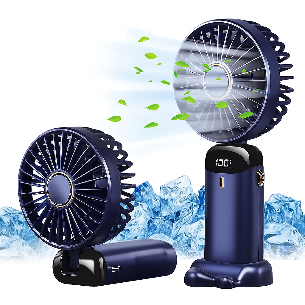 Dark blue 5000mAh rechargeable portable fan shown standing and folded with ice background