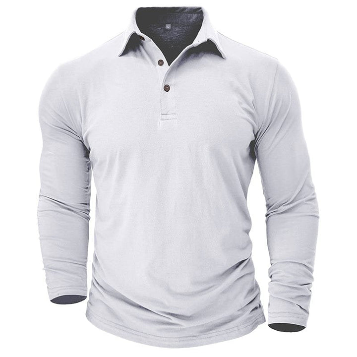 Men's tailored fit long-sleeve polo folded neatly to display quality stitching.