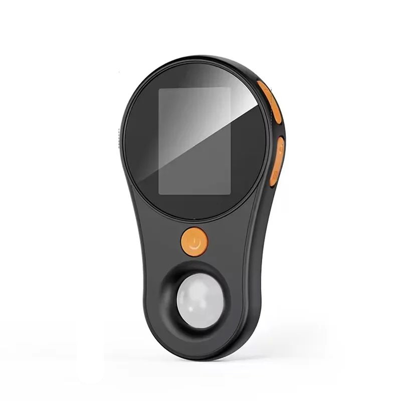 Black 500X digital pocket microscope with circular screen and orange buttons