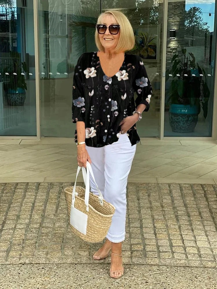 Full view of casual floral blouse paired for spring fashion