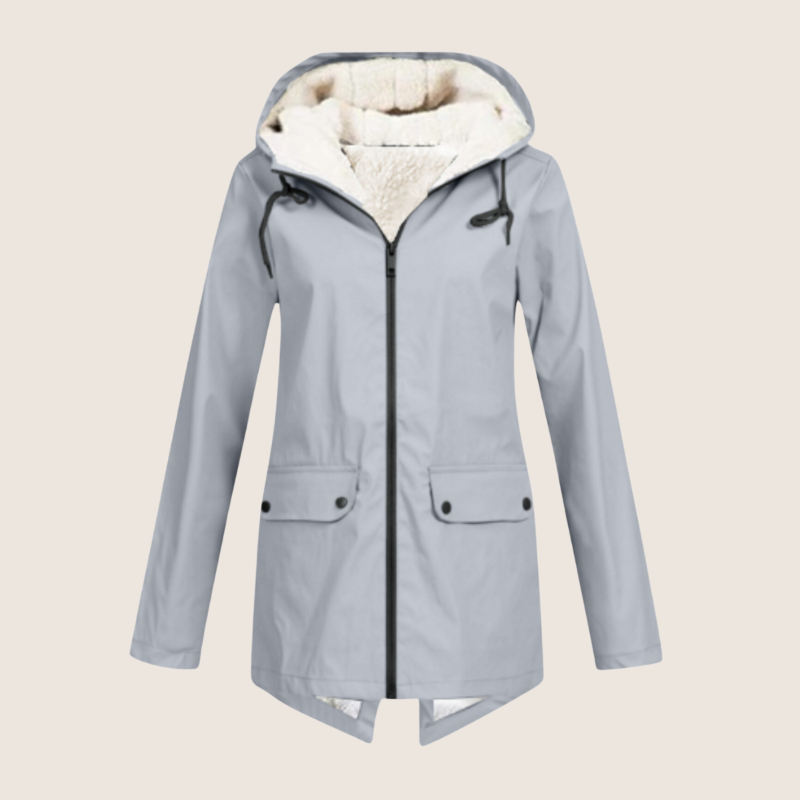 Liora waterproof rain jacket in light gray with zipper closure