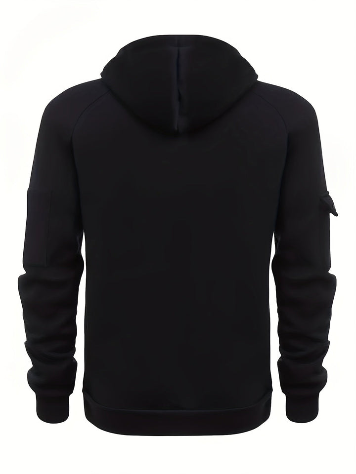 Casual men's quarter-zip hoodie featuring long sleeves and comfortable fit.