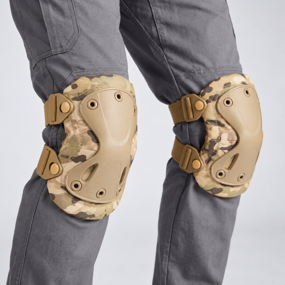 Pair of camouflage protective knee pads worn outdoors