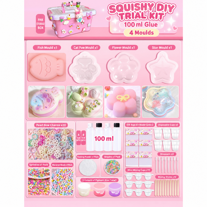 Overview of pink storage box, moulds, glues, and colorful decorative charms