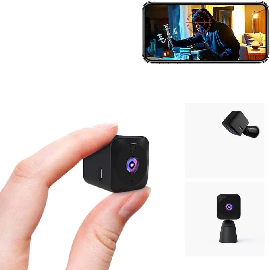 A hand holding the compact 4K mini security camera with a smartphone displaying a live feed.