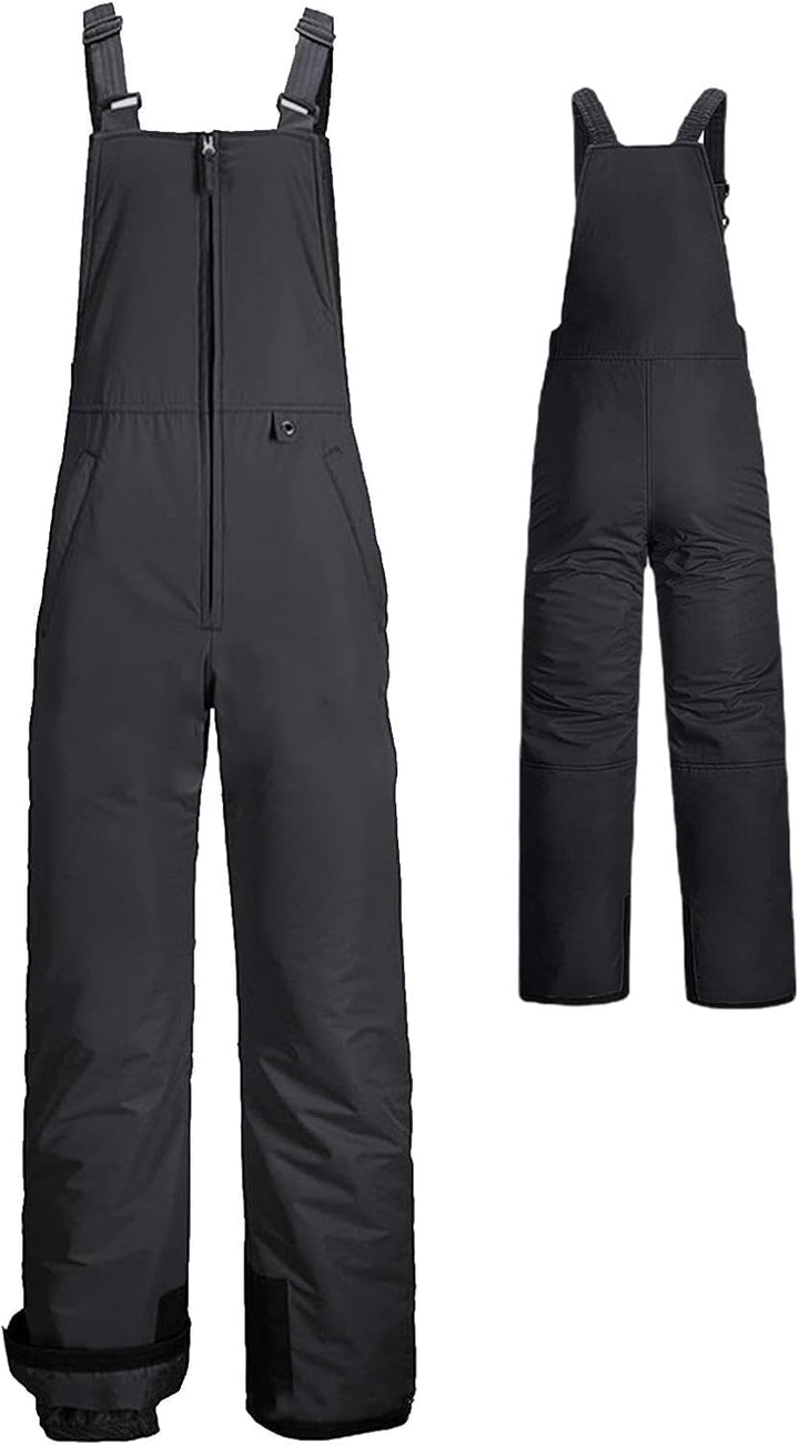 Waterproof insulated snowboard dungarees in black front and back view
