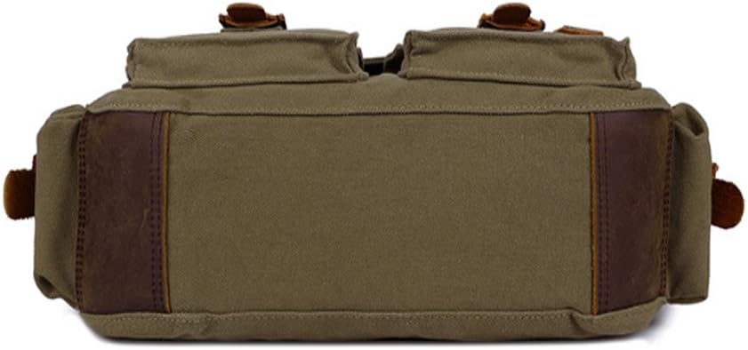 Side profile of green canvas messenger bag showing adjustable shoulder strap and metal hardware