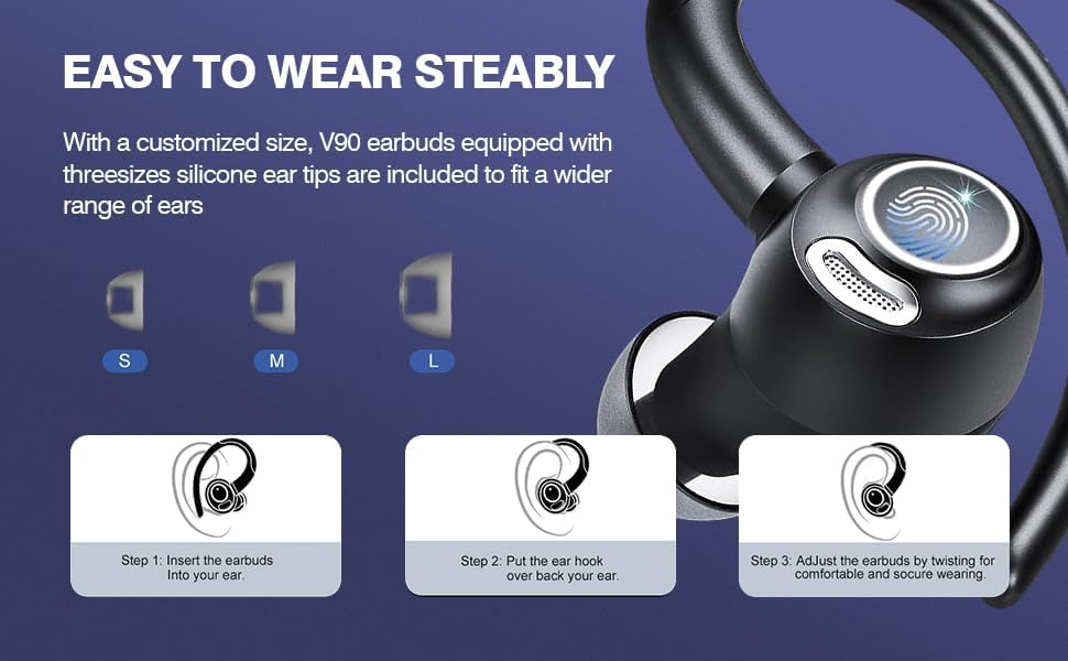 Unisex wireless bluetooth sports earbuds showing ergonomic ear hook design for running