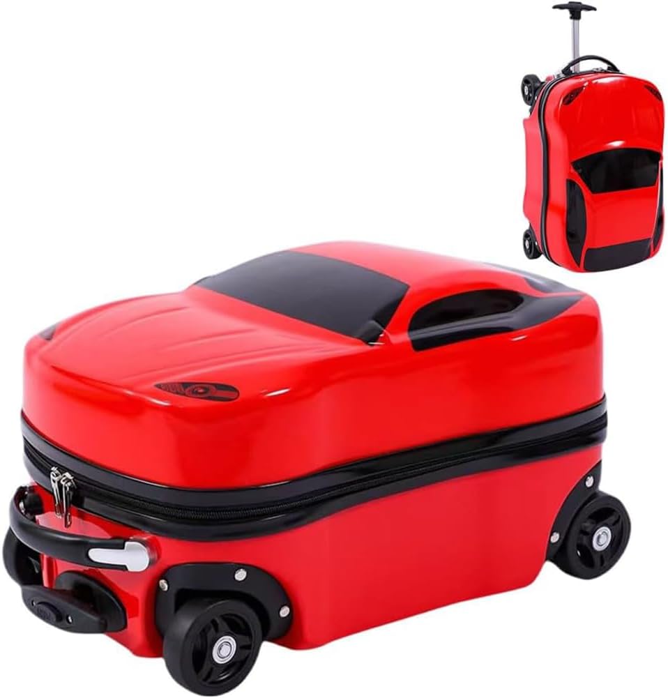 Angled view of red kids car suitcase showing wheels and zipper