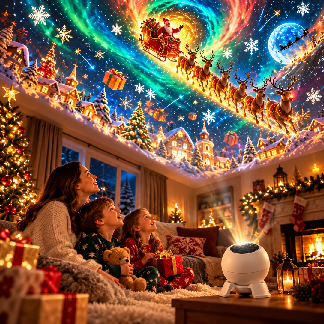 Magical Christmas scene projector casting festive holiday lights on a living room wall
