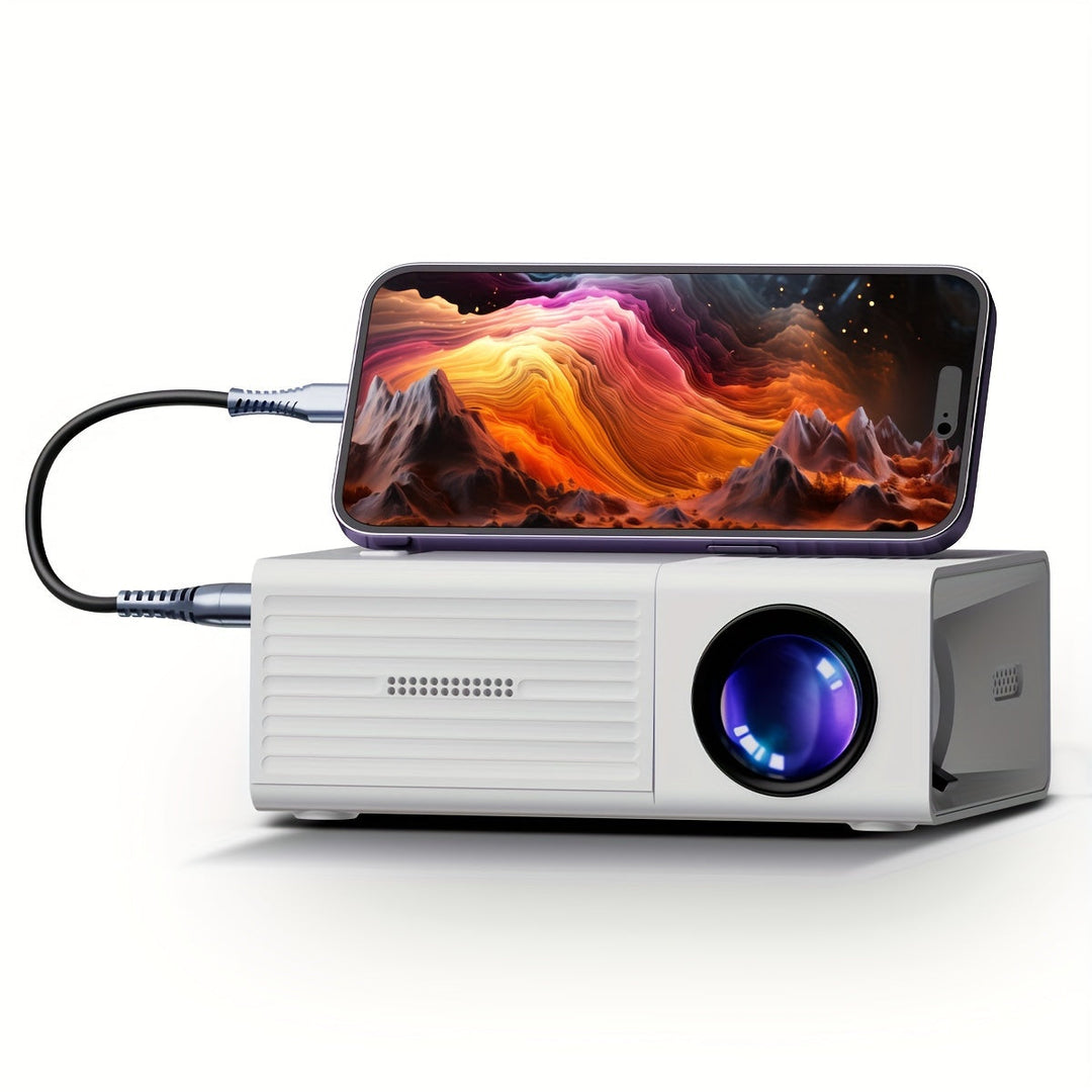 Compact white mini projector connected to a smartphone displaying vibrant colors