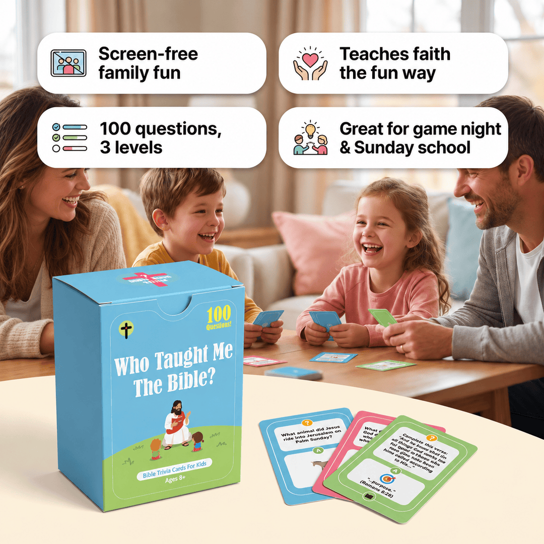 Family playing the Bible trivia card game together in a living room