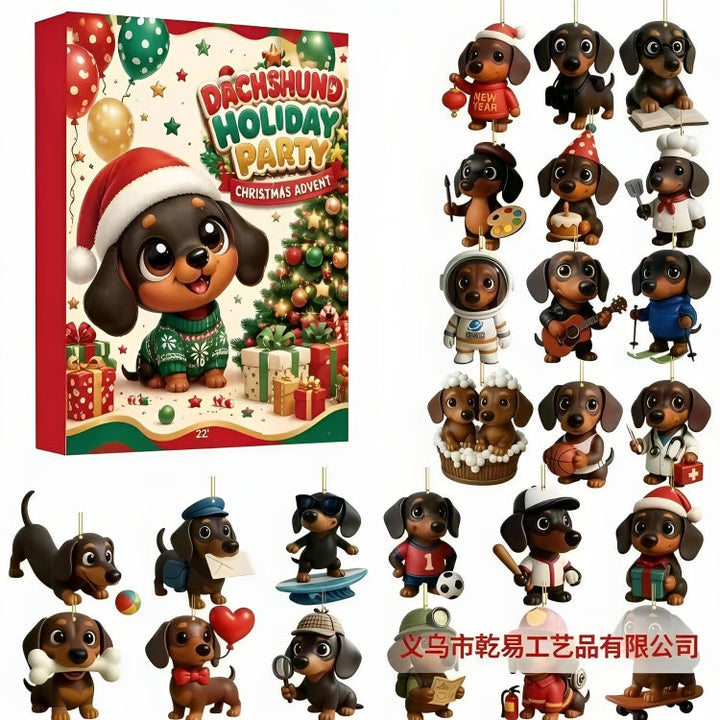 Dachshund holiday advent calendar box displayed with twenty-four miniature dachshund figurines.