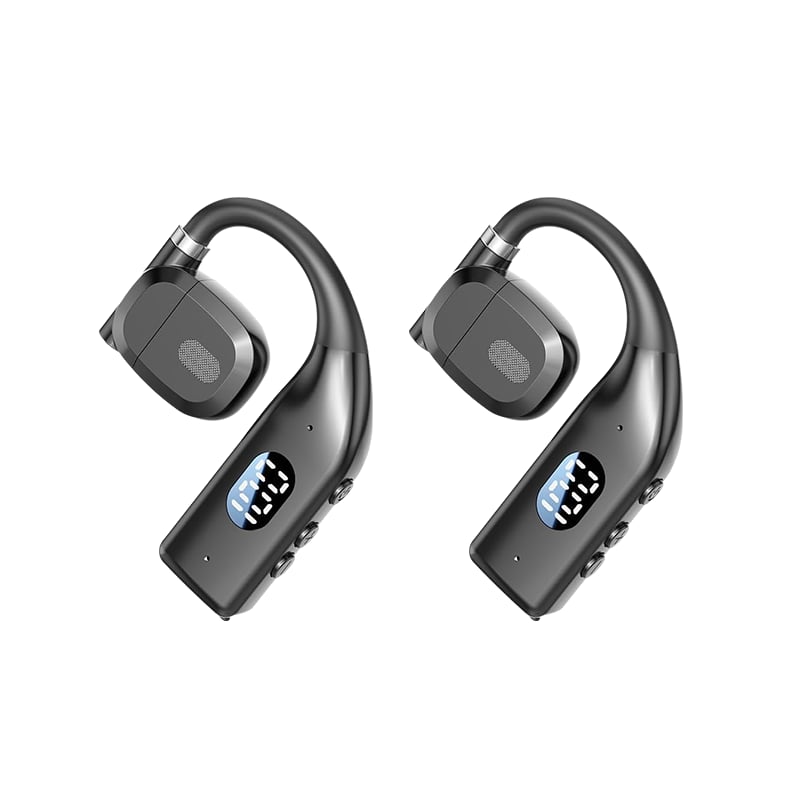 Black handsfree wireless headset demonstrating ergonomic fit
