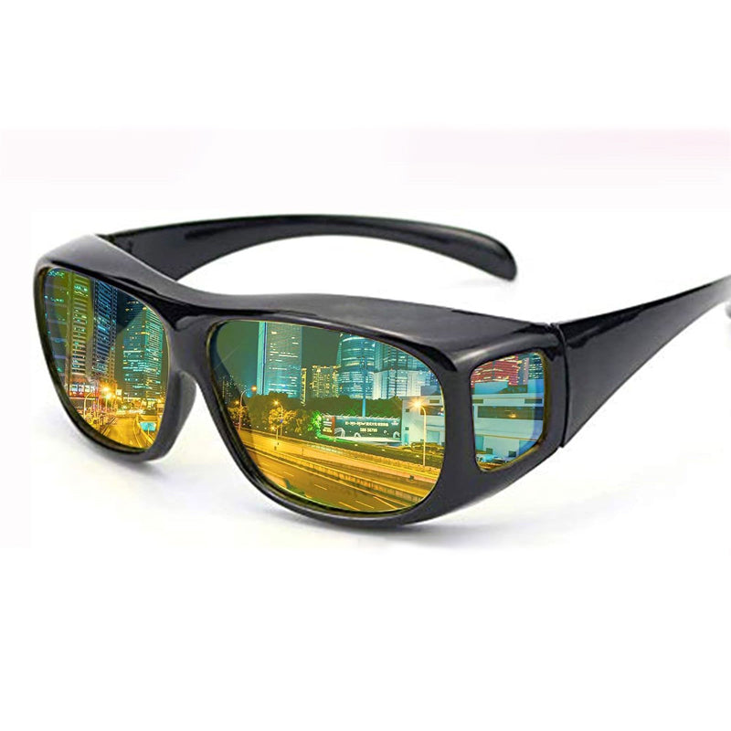 Anti-glare night driving glasses with black frame and reflective lenses