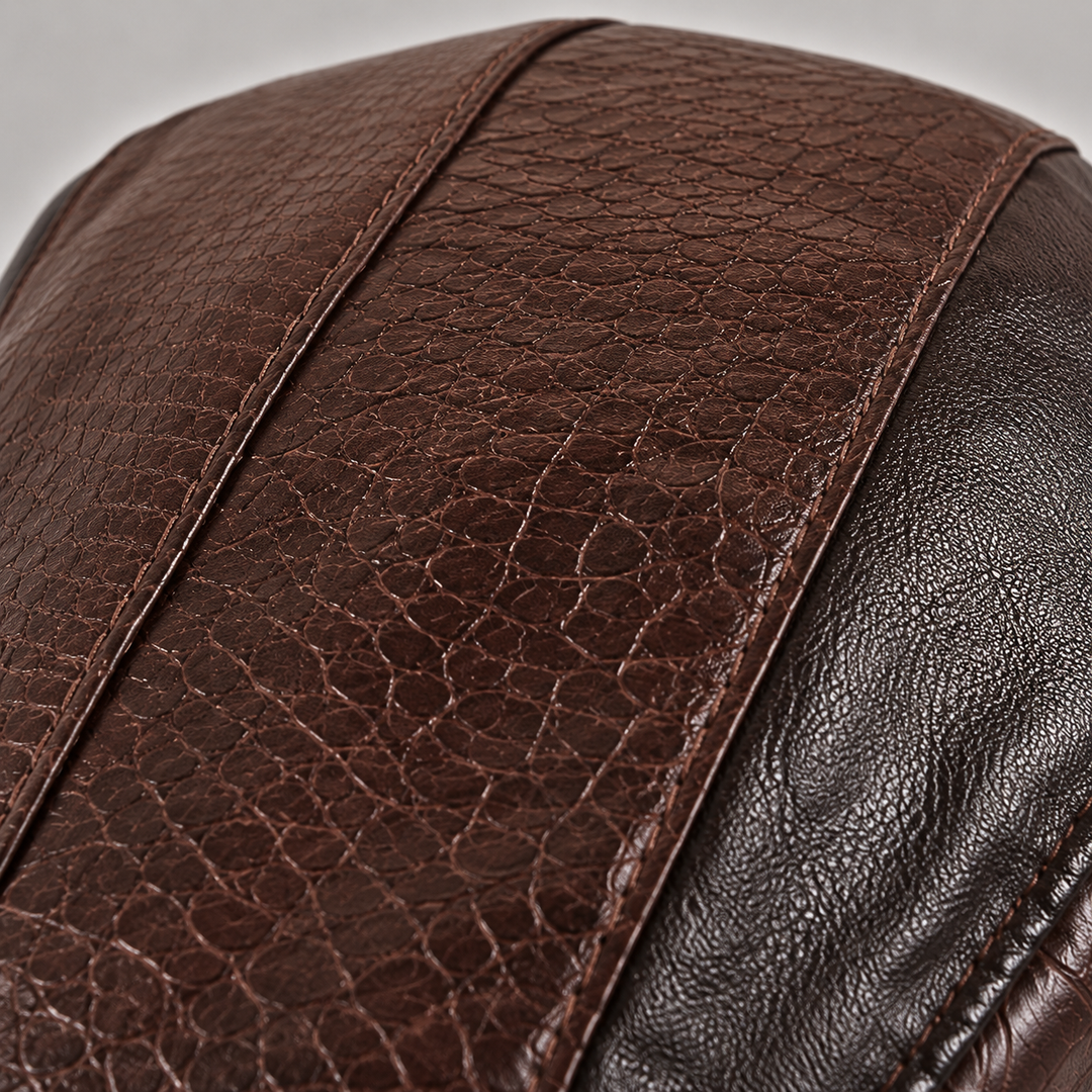 Side profile of textured mens driving cap showcasing classic flat hat design