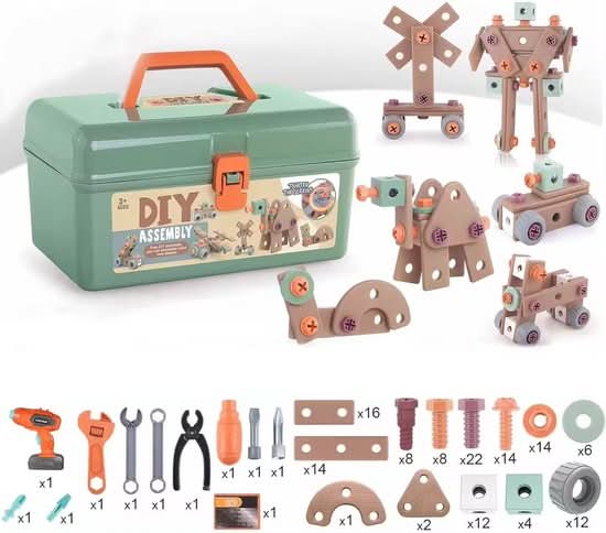 Full overview of tools, screws, plates, and parts included in the construction set