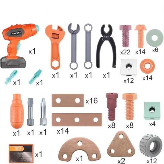 Close-up view of toy power drill, wrenches, and plastic hardware components