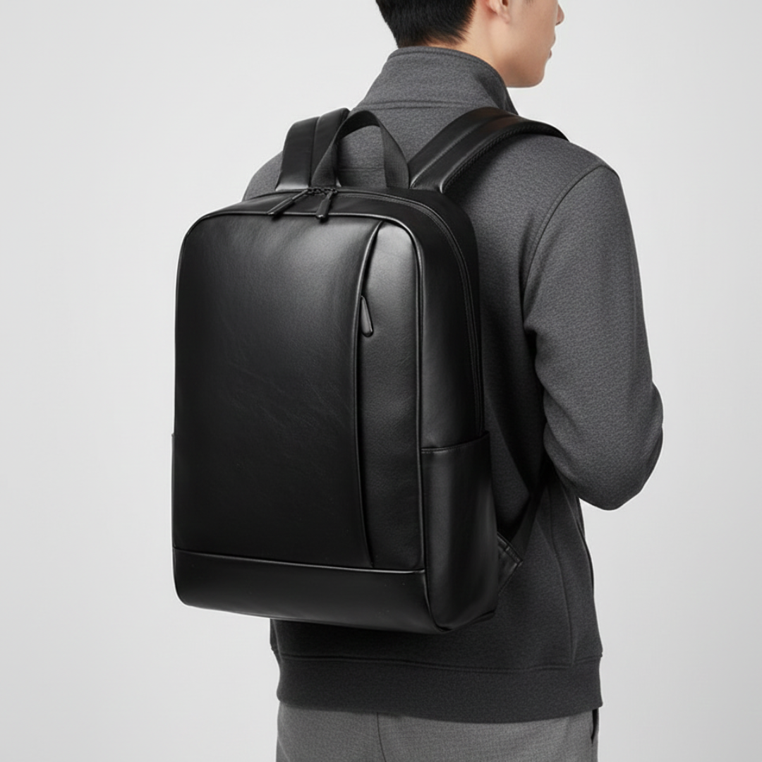Man wearing a sleek black commuter backpack outdoors