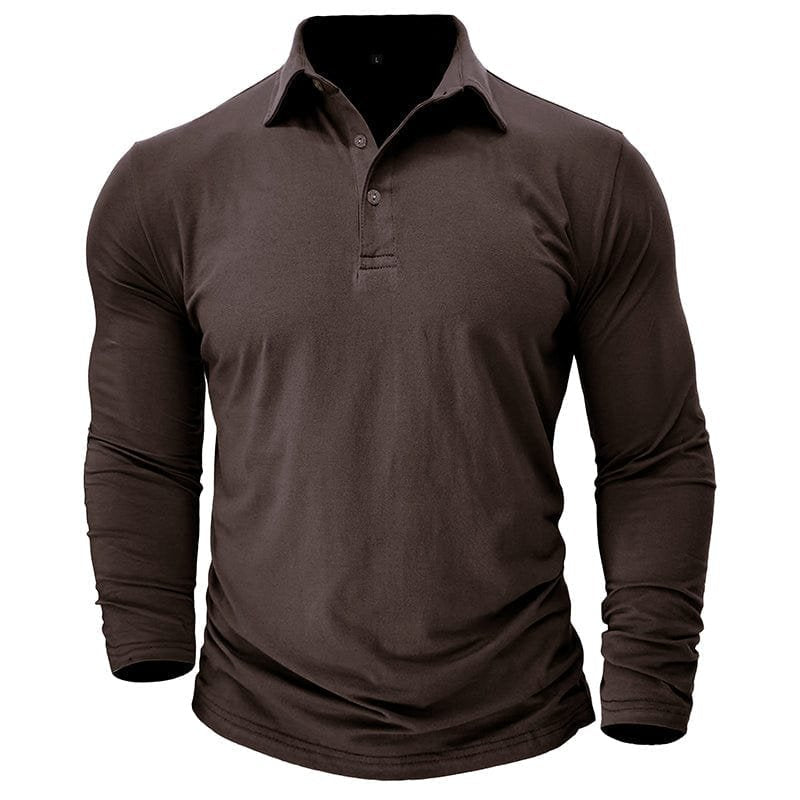 Menswear long-sleeve polo shirt, back view showing clean lines and tailored silhouette.