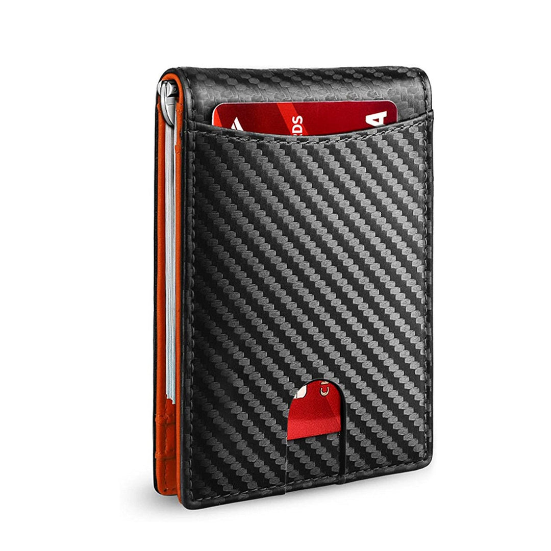 Slim carbon fibre wallet resting on wooden desk surface
