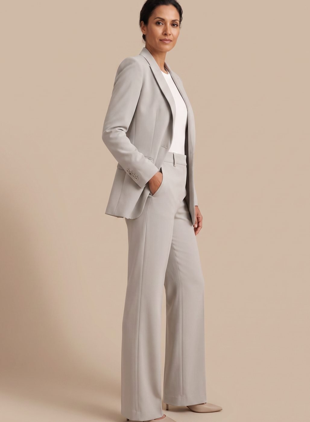 Side profile of the women's formal blazer and flared trouser outfit