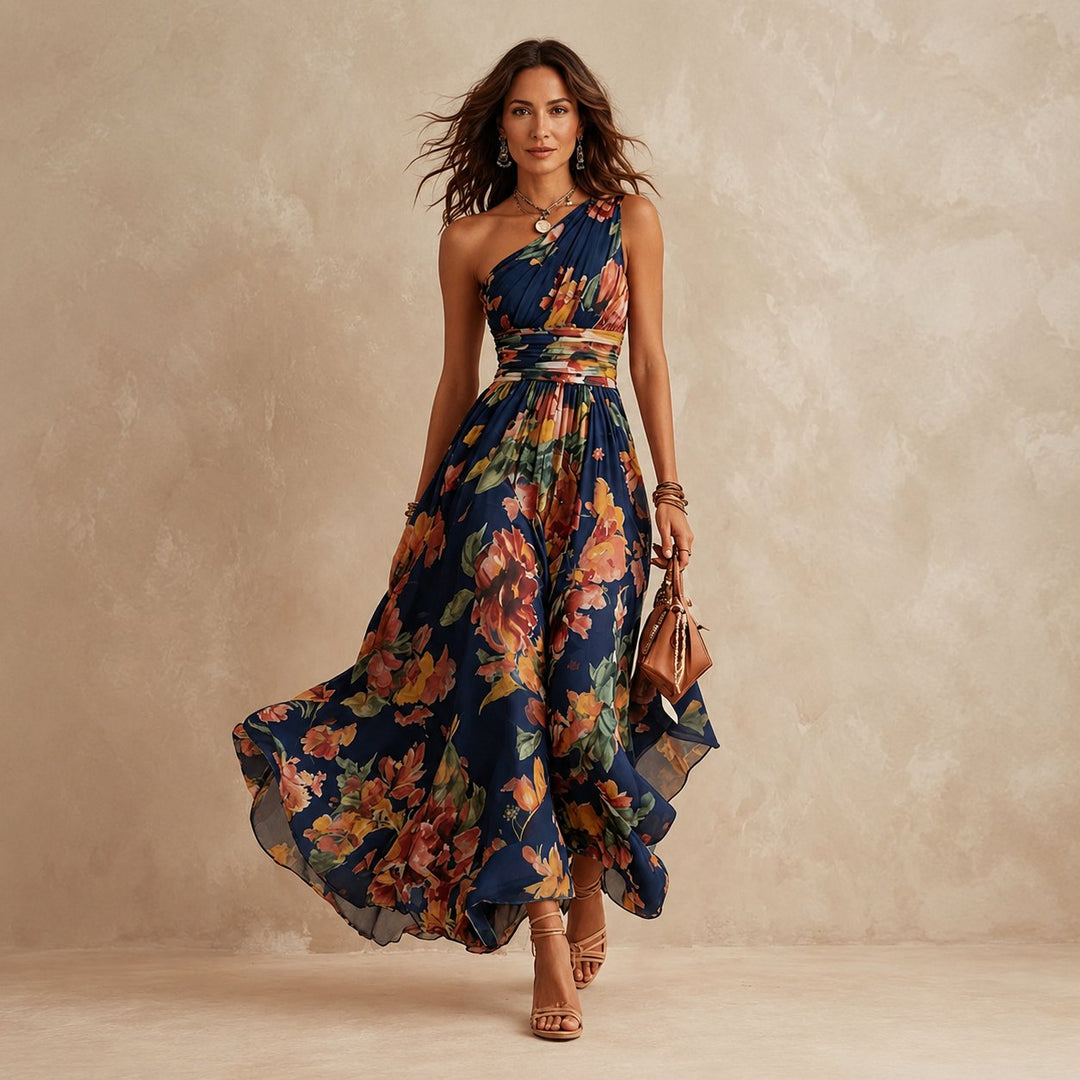 Women's one-shoulder floral maxi dress in vibrant summer print