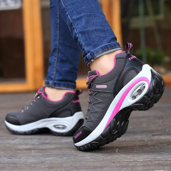 Top angle of grey comfort sneakers highlighting breathable upper mesh