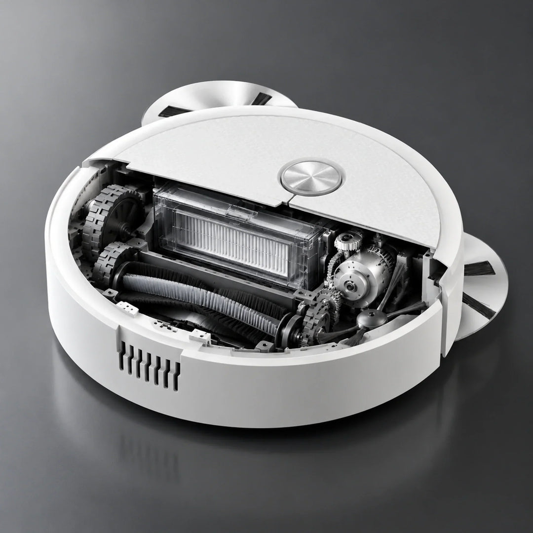 Robot vacuum and pet hair cleaner hovering near a charging cable setup in a modern living room