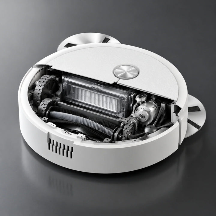 Robot vacuum and pet hair cleaner hovering near a charging cable setup in a modern living room