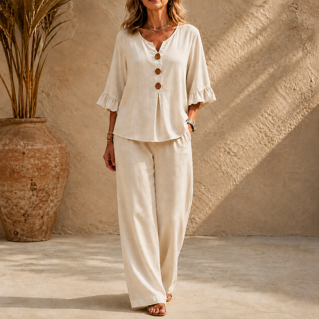 Womens linen matching set with ruffle-cuff top and wide-leg trousers in casual chic style