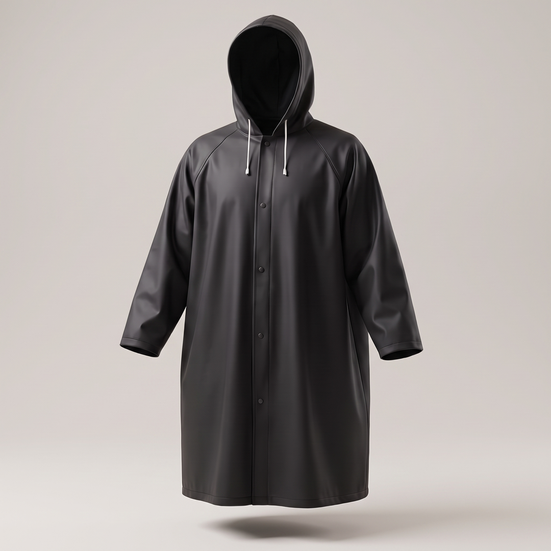 Detailed view of adjustable hood on mens long waterproof jacket