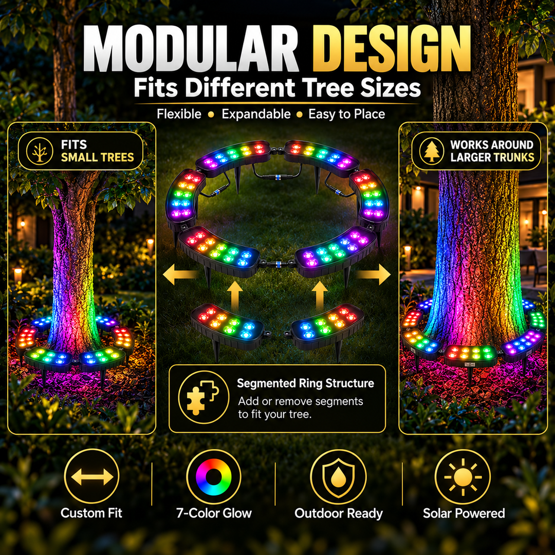 Solar RGB tree light casting dynamic colors on tree bark in a dark landscaped yard