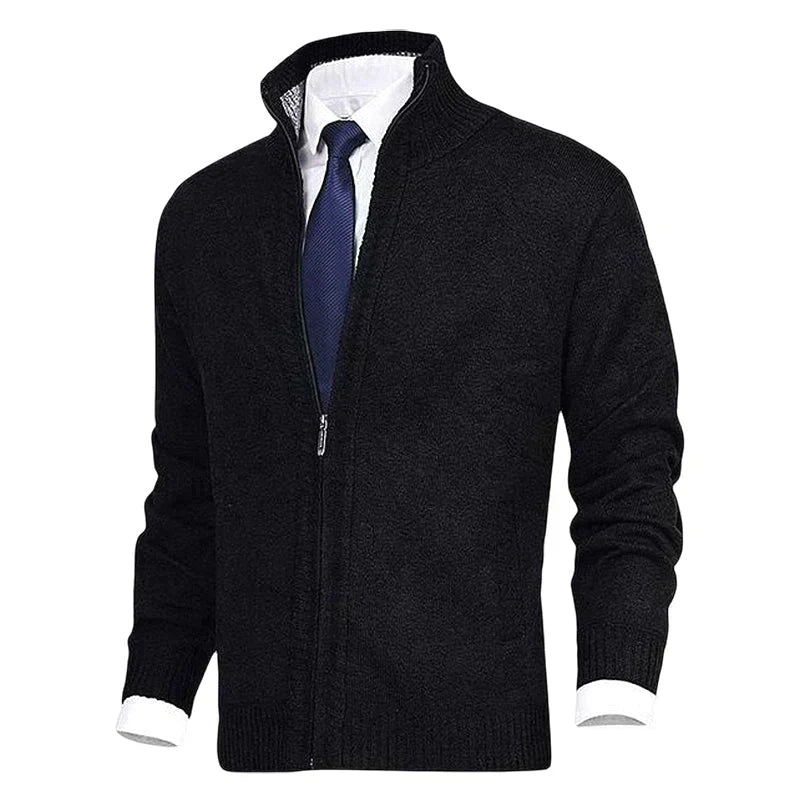Hanging men's winter wear cardigan sweater featuring a full zipper