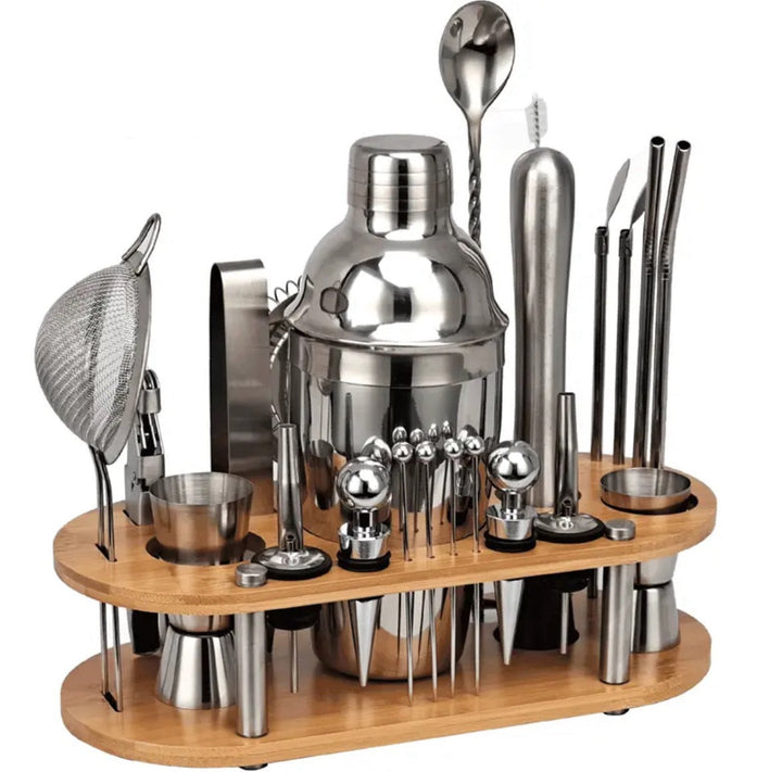 Professional 23-piece cocktail shaker set with stainless steel bar tools on display