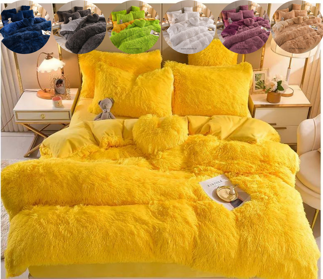 Vibrant yellow plush shaggy duvet cover set displayed on a bed with decorative pillows