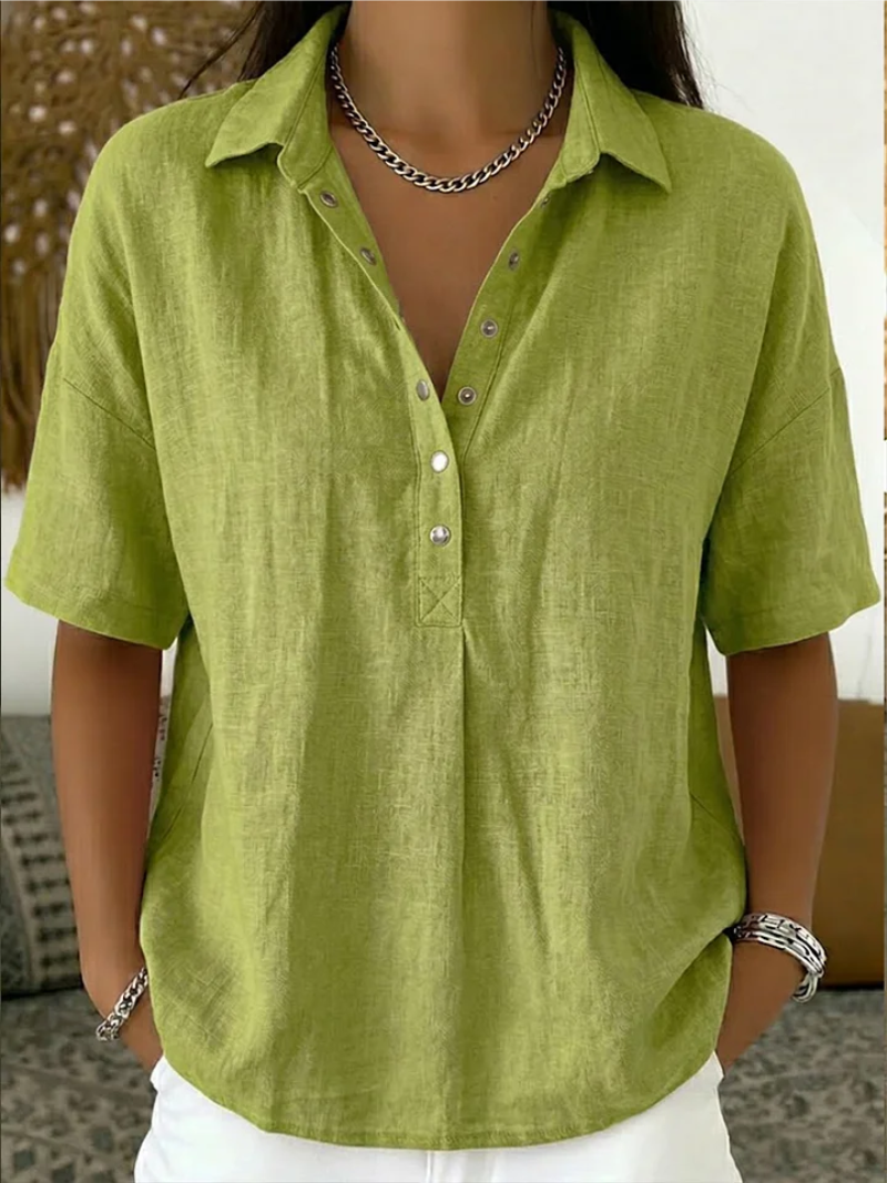 Woman wearing green casual button-up collar shirt