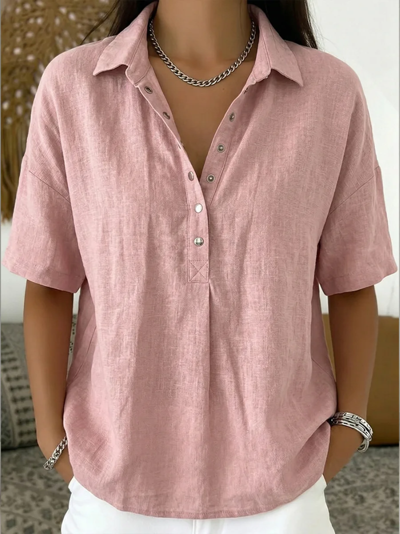 Women's casual button-up collared shirt in short sleeve style