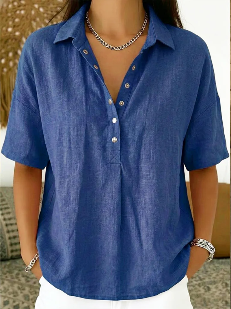 Woman wearing blue casual button-up collar shirt