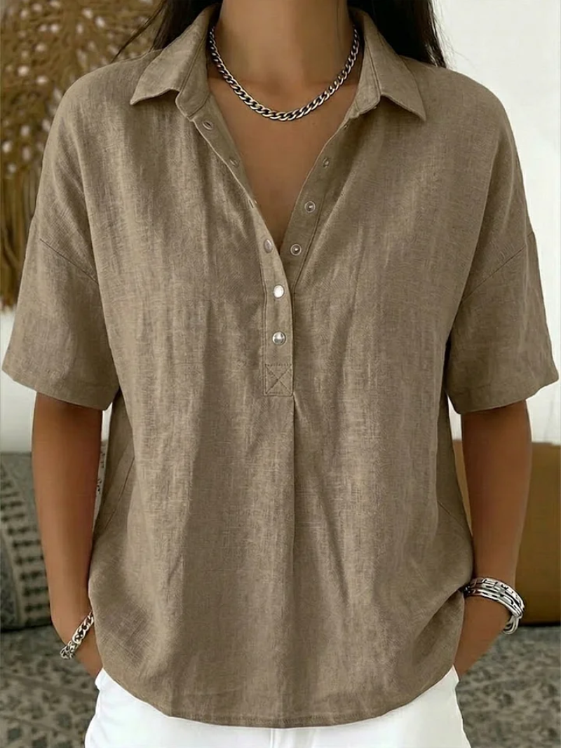 Woman wearing khaki casual button-up collar shirt