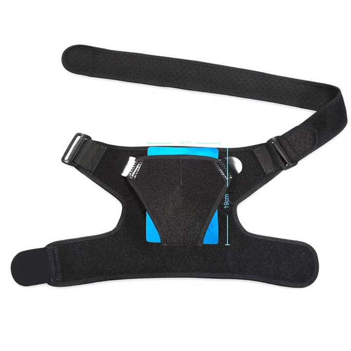 Model wearing recovery shoulder brace for pain relief and support