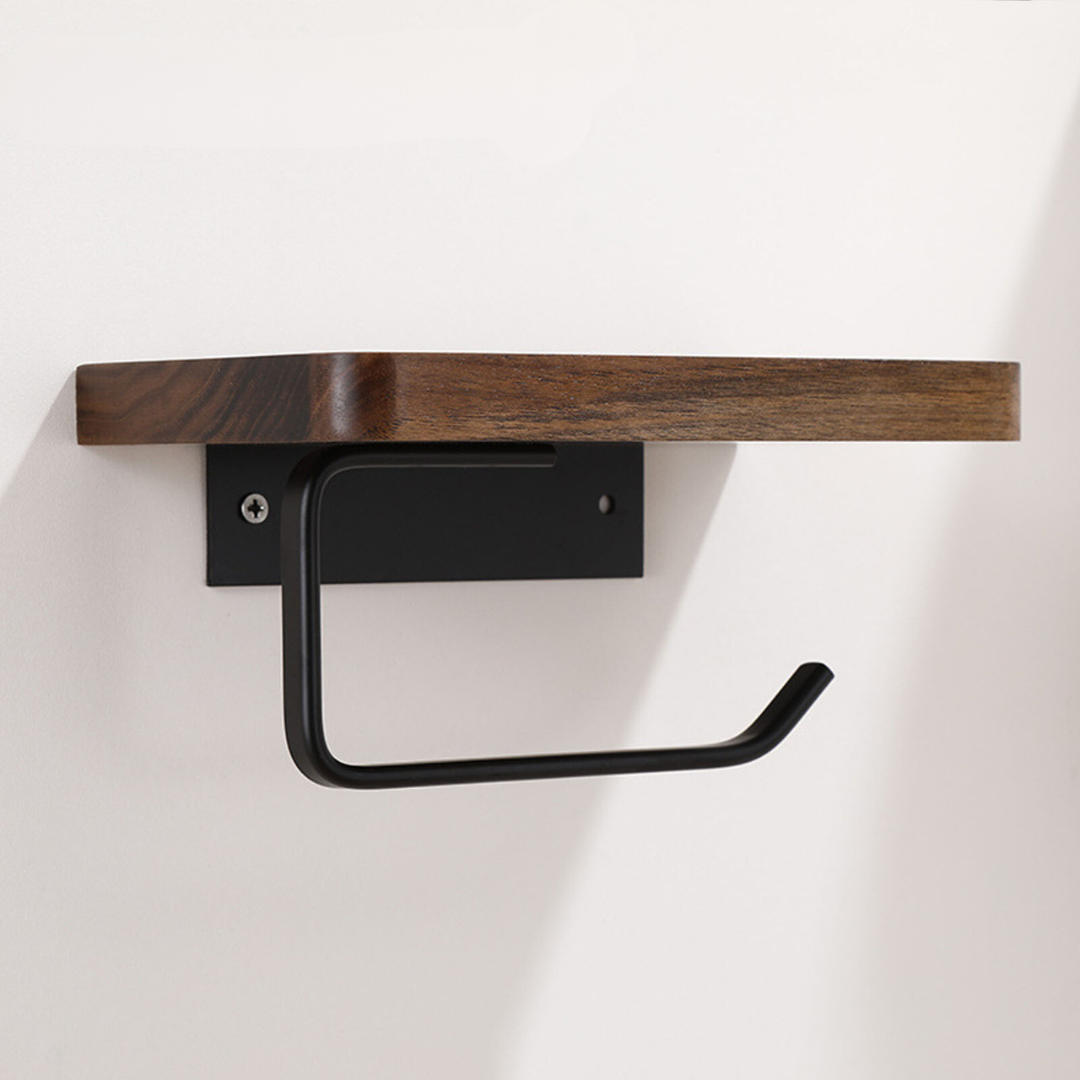 Wall mounted wooden toilet paper dispenser with convenient phone ledge