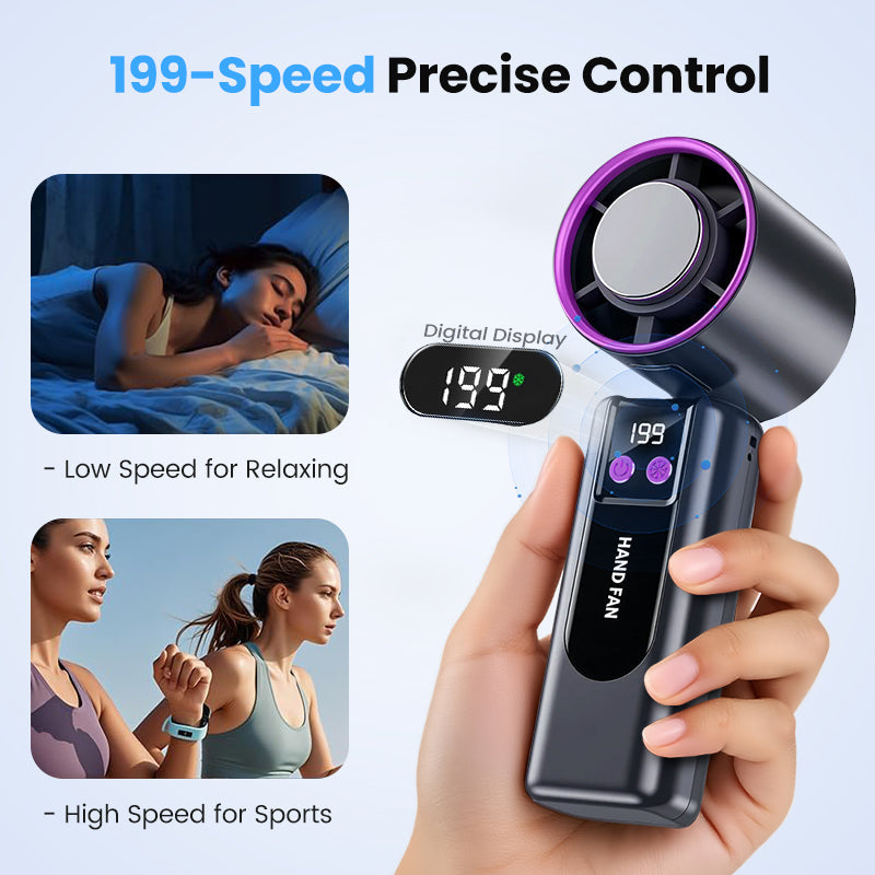 Person using portable handheld cooling fan for relaxation and outdoor sports