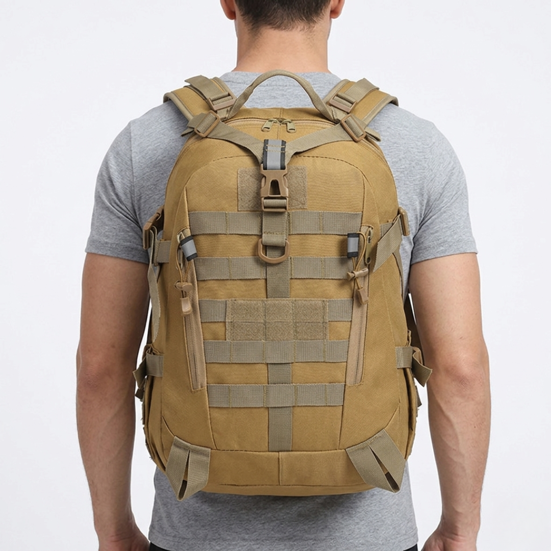 Side compression straps secured on loaded outdoor adventure bag