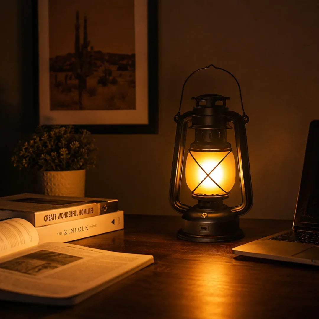 USB rechargeable LED camping lantern showcasing realistic moving flame effect for emergencies