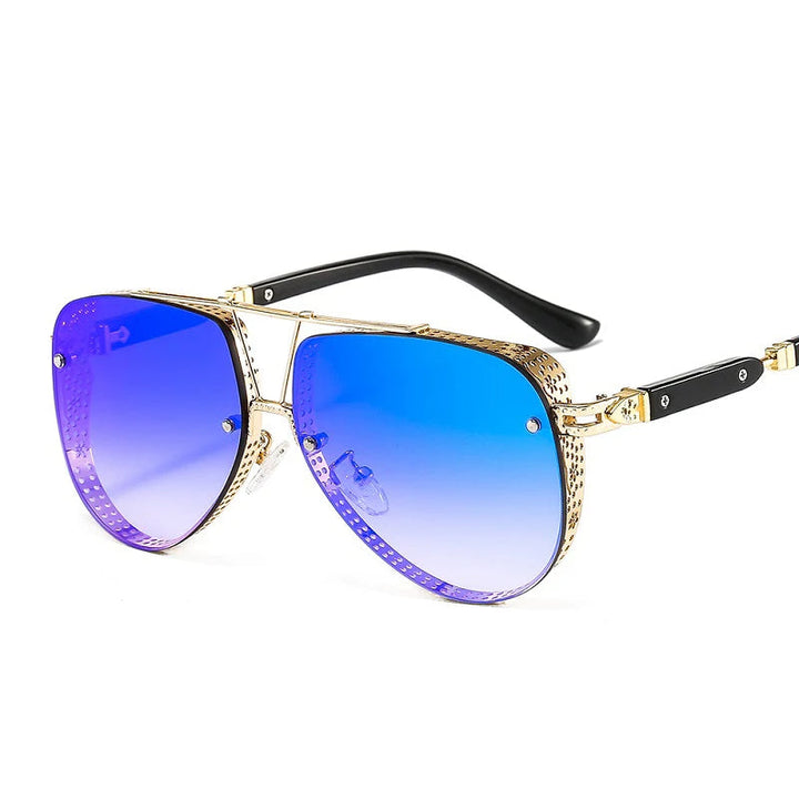 Close-up of women's designer style oval metal sunglasses with tinted lenses